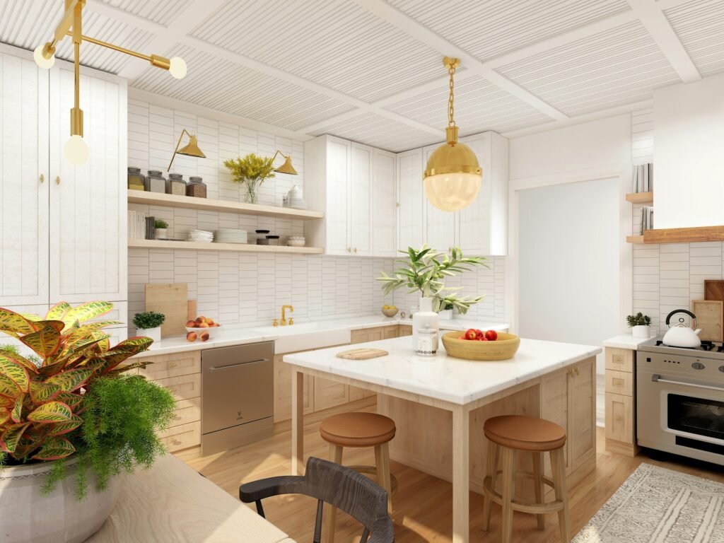 Light modern farmhouse kitchen with white brick tiles, oak island and brass pendant