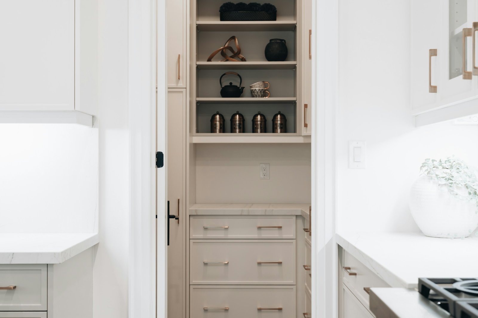 Walk-in pantry with taupe shelving and drawers behind a pocket door